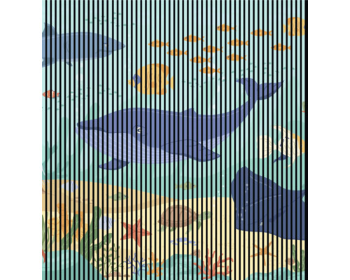 Designový akustický panel DIGI06S 2253x19x2400mm Ilustrace se žraloky, rejnoky a rybami pod vodou