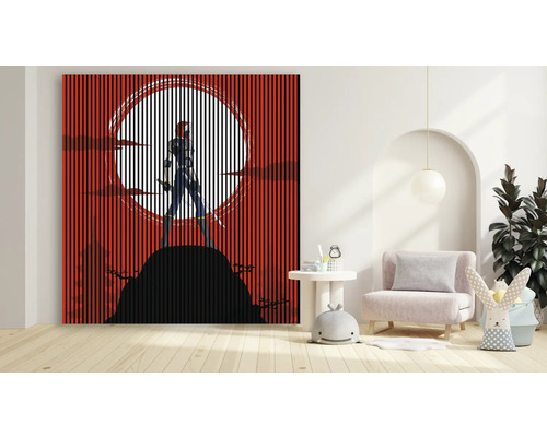 Dekorativní lamelový obraz s komiksovým motivem v dětském pokoji.