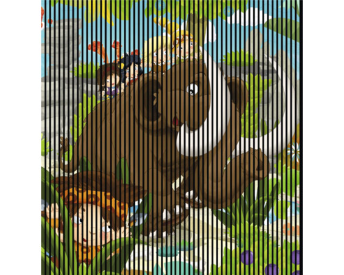 Designový akustický panel DIGI06V 2253x19x2400mm Ilustrace mamuta s dětmi v džungli, zakrytá svislými pruhy.
