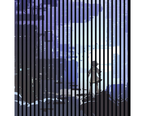 Designový akustický panel DIGI06D 1133x19x1195mm Ilustrace osoby ve městě za svislými pruhy