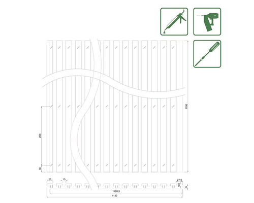 Technický nákres zástěny s rozměry 1196 x 1133 mm a symboly nářadí pro montáž