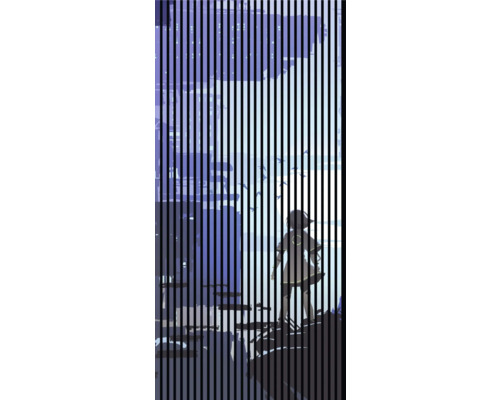 Designový akustický panel DIGI06D 1133x19x2400mm Ilustrace stojící osoby v městském prostředí s vertikálními liniemi