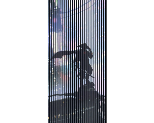 Designový akustický panel DIGI06K 1133x19x2400mm Abstraktní umělecké dílo s vertikálními liniemi a tmavou siluetou