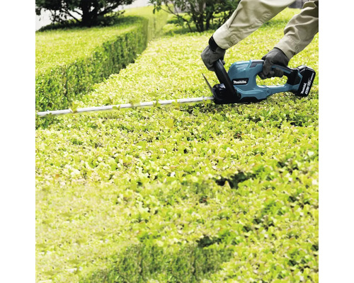 Osoba stříhá živý plot akumulátorovými nůžkami na živý plot Makita