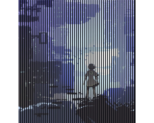 Designový akustický panel DIGI06D 2253x19x2400mm Abstraktní design s vertikálními liniemi a siluetou osoby.