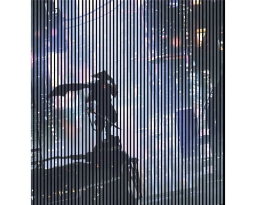 Designový akustický panel DIGI06K 2253x19x2400mm Ilustrace osoby s kloboukem v městské scéně