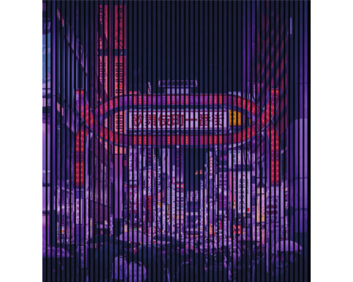 Designový akustický panel DIGI06L 2253x19x2400mm Abstraktní městská scenérie s japonskými znaky