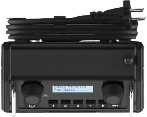 Černé digitální rádio s otočnými knoflíky a displejem