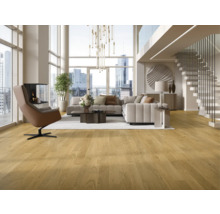 Světlý obývací pokoj s parketovou podlahou, pohovkou, křeslem, schodištěm a panoramatickými okny