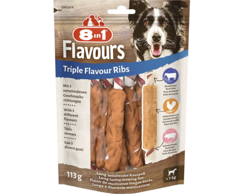 Pamlsek pro psy 8in1 Triple Flavour žebírko žvýkací 6 ks 8in1 Flavours Triple Flavour Ribs psí svačina balení s hovězím, kuřecím a vepřovým masem