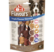 8in1 Flavours Triple Flavour Skewers pro psy, 113 gramů, s vepřovou kůží, kuřecími prsíčky, kuřecími játry, kachními prsíčky a hovězí kůží