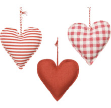 Tři závěsná látková srdce s proužkovaným, kostkovaným a jednobarevným vzorem