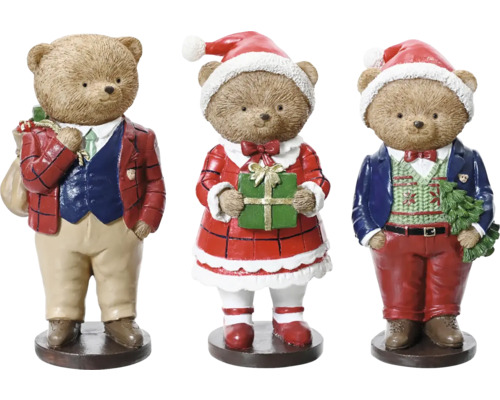 Tři vánoční figurky ve tvaru medvěda s dárky a čepicí Santa Clause