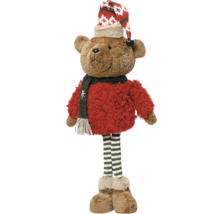 Plyšový medvěd s čepicí, šálou a pruhovanými nohami jako dekorace