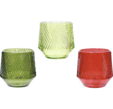 Tři skleněné držáky na čajové svíčky s geometrickým vzorem