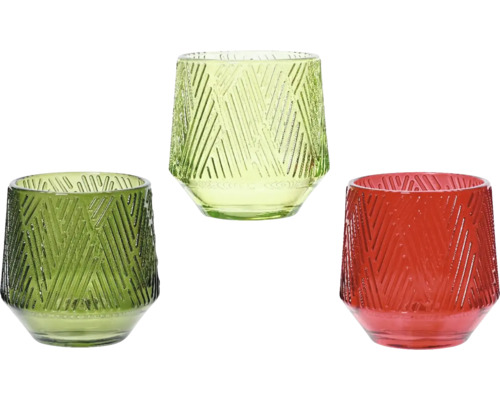 Svícen skleněný, různé barvy Tři skleněné držáky na čajové svíčky s geometrickým vzorem
