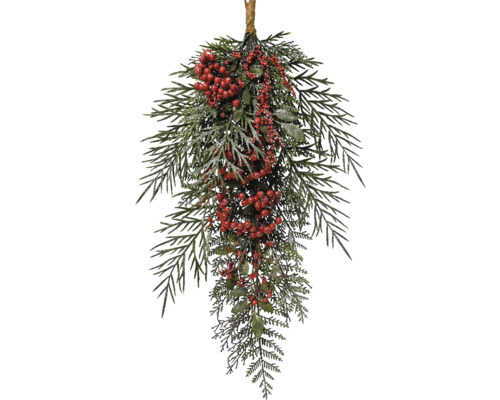 Větev umělá jehličnatá s červenými bobulemi a šiškami 7 x 15 x 50 cm Závěsná vánoční dekorace s červenými bobulemi a větvemi jedle
