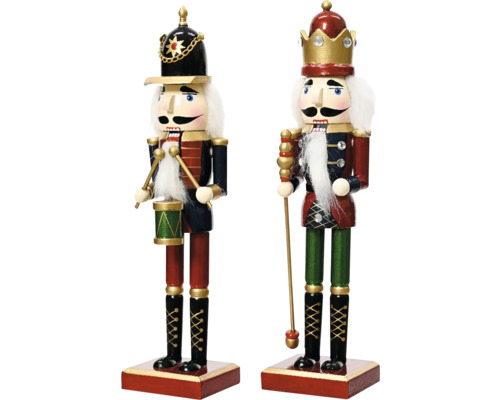 Figurka louskáček 25 cm, různé druhy Dvě dřevěné figurky louskáčků na ořechy na podstavcích, jedna s bubnem a jedna se žezlem