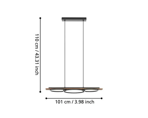 Závěsné svítidlo se třemi kulatými svítidly o rozměrech 110 krát 101 centimetrů
