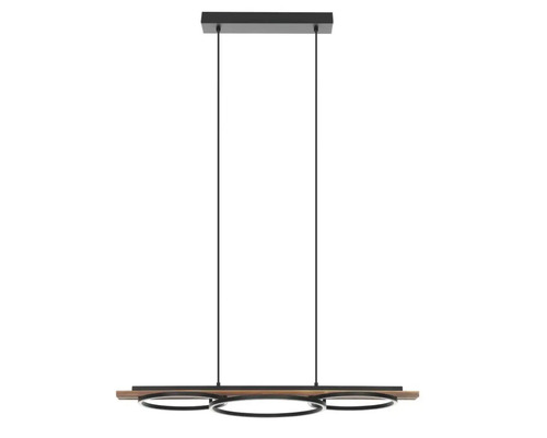 Závěsné svítidlo se třemi kruhovými svítidly na dřevěné liště