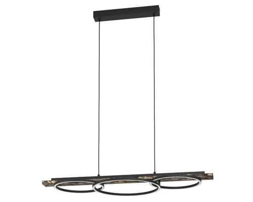 Závěsné svítidlo se třemi kruhovými LED světly na dřevěné liště