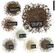 Zobrazení různých substrátů: kokosové vlákno, kokosové štěpky, terrapon, zeolit, láva, pemza a hnojivo.