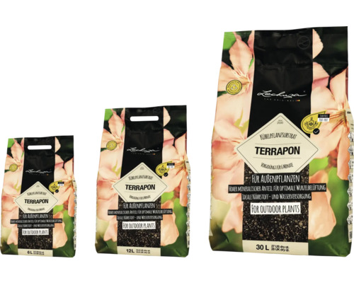 Tři balení substrátu pro rostliny Lechuza Terrapon pro venkovní rostliny v různých velikostech