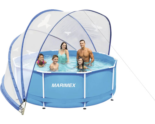 Rámový bazén Marimex s rodinou a sluneční ochranou