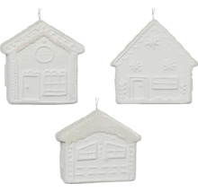 Tři keramické ozdoby na vánoční stromek ve tvaru domu