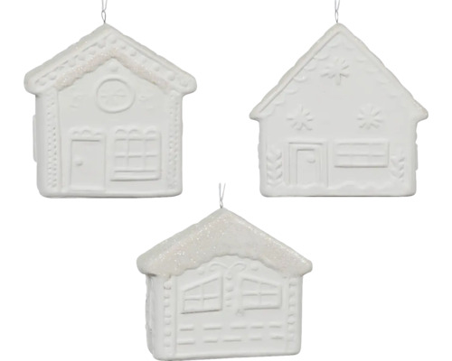 Dekorace závěsný domek. různé druhy Tři keramické ozdoby na vánoční stromek ve tvaru domu