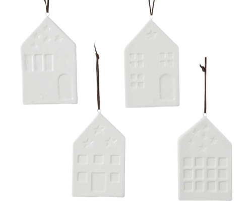 Domek porcelánový, různé druhy Čtyři bílé ozdoby domu s okny a hvězdami na Vánoce