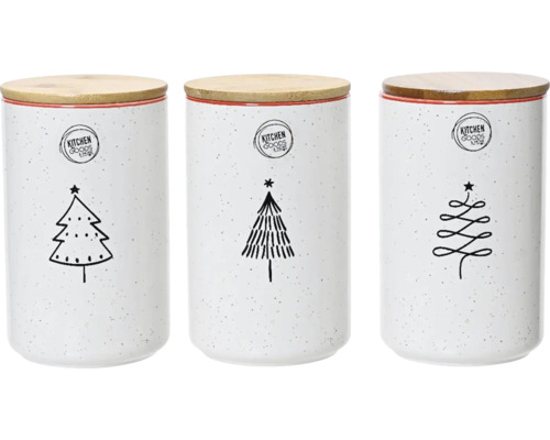Dóza, různé motivy Tři keramické dózy s dřevěným víkem a motivem vánočního stromku