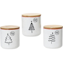 Tři dózy na potraviny s dřevěným víkem a motivy vánočního stromku
