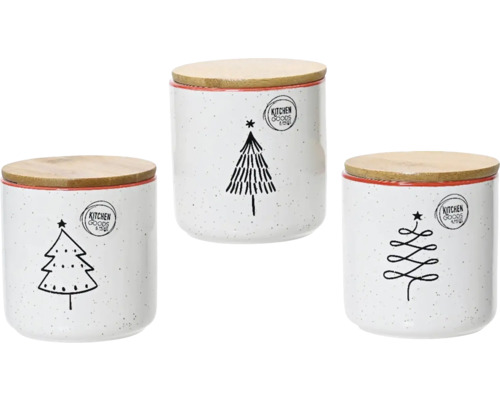 Dóza, různé motivy Tři dózy na potraviny s dřevěným víkem a motivy vánočního stromku