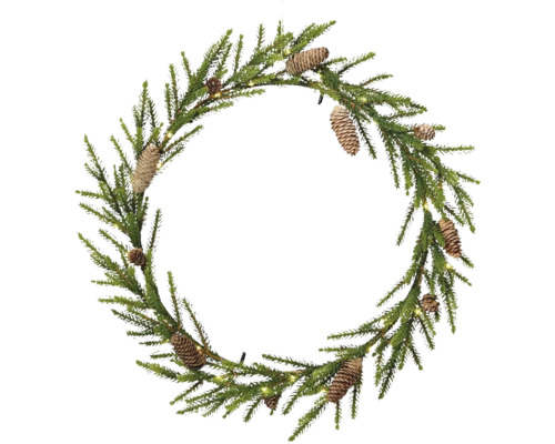Věnec umělý jehličnatý s osvětlením Ø 50 cm 35 LED, teplé bílé světlo Vánoční dekorativní jedlový věnec se šiškami a osvětlením