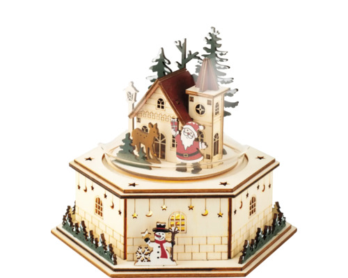 Vánoční dřevěný dům s Santa Clausem, sobem a sněhulákem