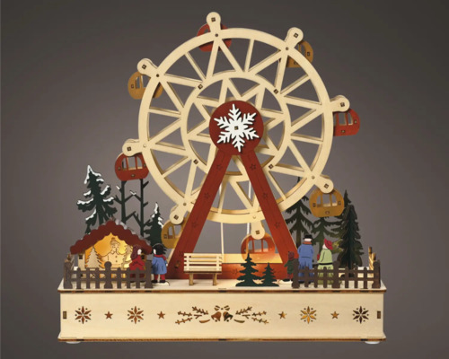 Dekorativní dřevěná pouťová scéna s ruským kolem, stromy a figurkami