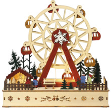 Dekorativní dřevěná miniatura pouťové scény s ruským kolem, stromy a figurkami