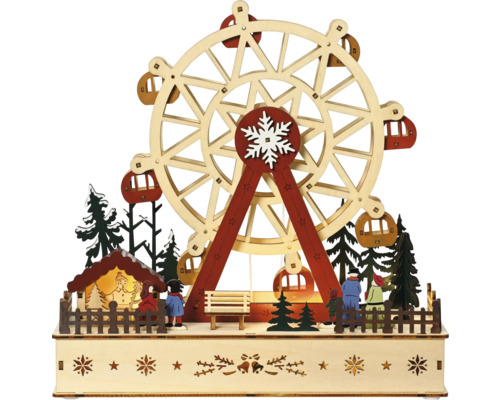 LED vánoční scenérieruské kolo Dekorativní dřevěná miniatura pouťové scény s ruským kolem, stromy a figurkami