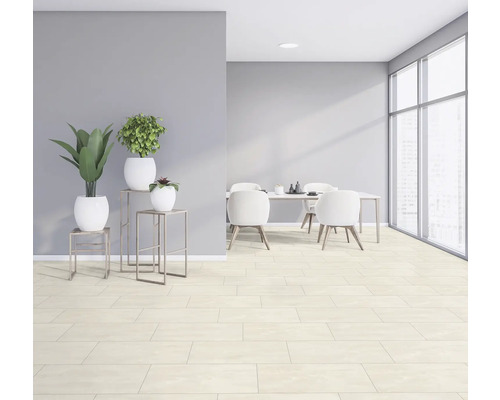 Světlá, prostorná místnost s jídelním stolem, židlemi, rostlinami a dlažbou