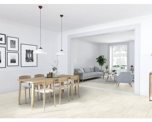 Světlý obývací pokoj s jídelním stolem, židlemi a dlažbou