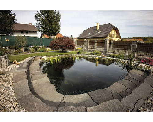 Jezírko v zahradě s kamenným obrubníkem a okolní výsadbou před rodinným domem.