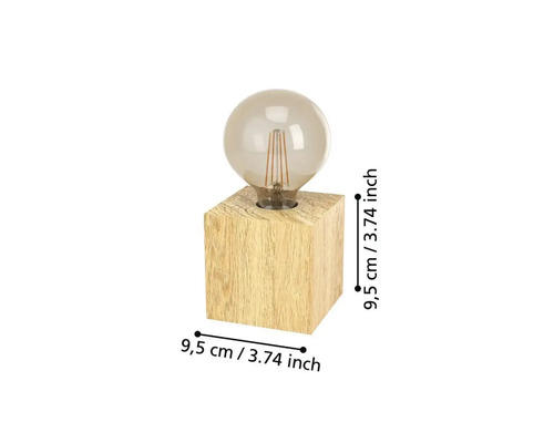 Stolní lampa s krychlovou dřevěnou základnou a kulatou žárovkou