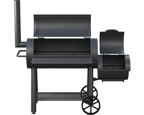 Černý gril na dřevěné uhlí s bočním topeništěm a udírnou