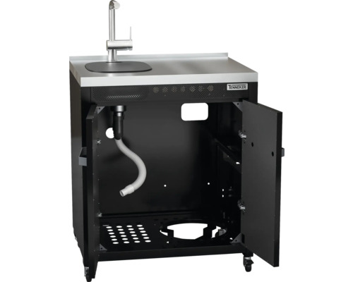 Dřez s umyvadlem a vodovodní baterií, skříňka pod umyvadlo s otevřenými dvířky.