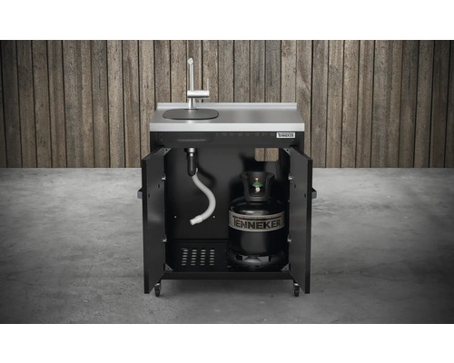 Grilovací vozík s dřezem a plynovou lahví ve spodní skříňce