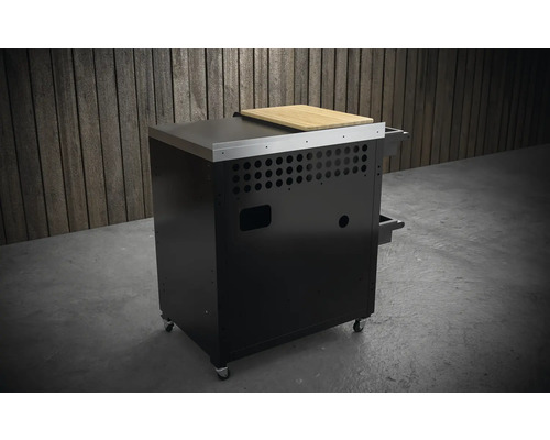 Černý grilovací stůl s nerezovou deskou a dřevěným prkénkem