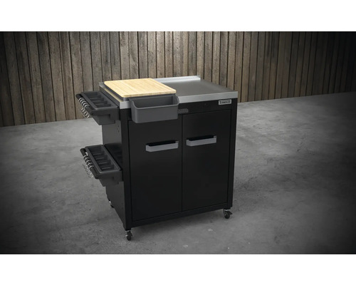 Grilovací vozík s krájecí deskou, úložnými přihrádkami a kolečky