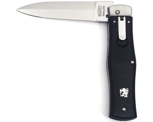 Vystřelovací nůž Mikov s čepelí z nerezové oceli a černou rukojetí