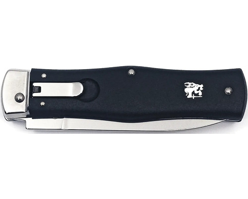 Skládací kapesní nůž s černou rukojetí a stříbrnou čepelí.